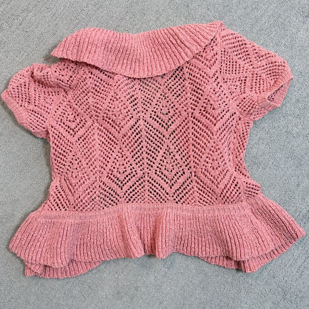 Ruby Rd Petite PM Pink Open Knit Ruffle Cardigan Crochet Boho Cottagecore - Picture 4 of 5